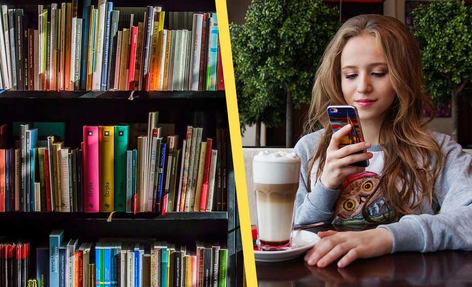 böcker-bokhylla-tonåring-tjej-smartphone