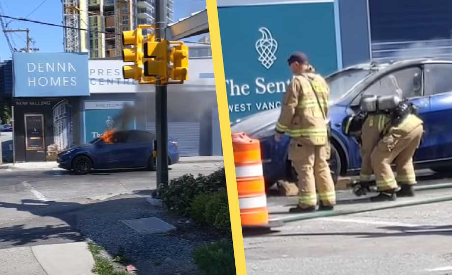 VIDEO: Elbil låser dörrarna och fattar eld &#8211; förare krossar fönstren