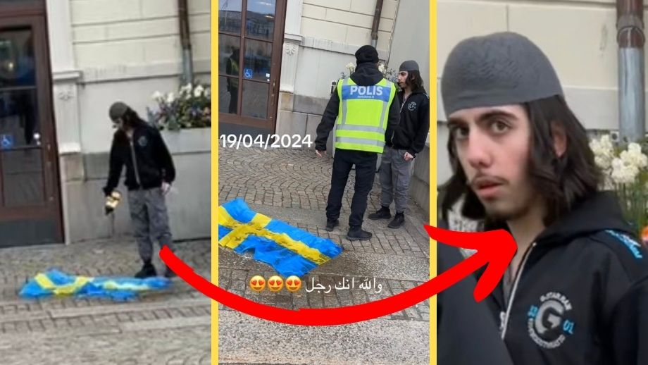 Artikelbild för artikeln: VIDEO: Polisen stoppar muslim som försöker bränna svenska flaggan