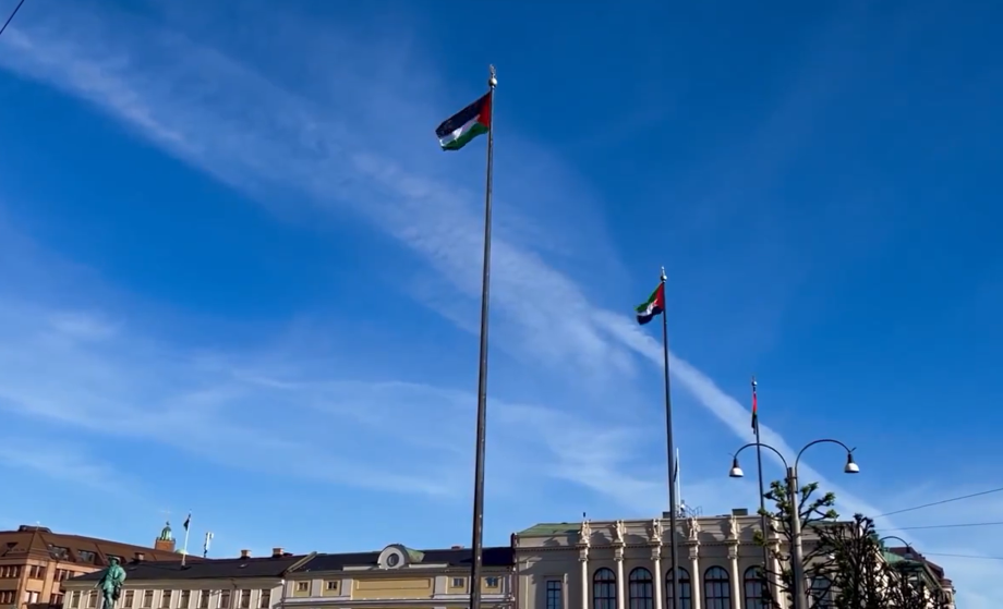 Artikelbild för artikeln: Palestinska flaggor i centrala Göteborg – "Olovlig flaggning"