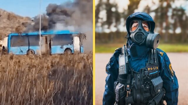 Artikelbild för artikeln: Elbuss började brinna i trafiken - poliser i gasmask varnade boenden om röken